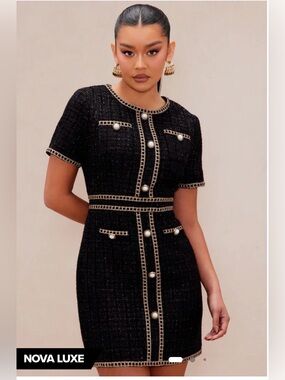 Luxe Black Tweed Mini Dress with Pearl Buttons